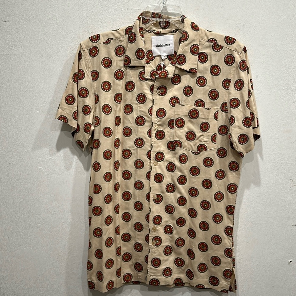 TheIdle man short sleeve button down patterned shirt small funky NWT